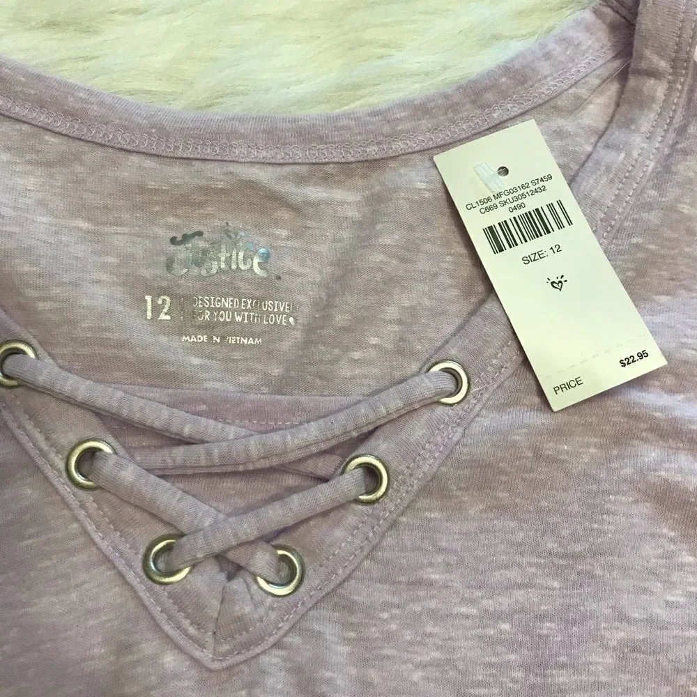 D Justice‎ Lace Up Ruffle Hem Long Sleeve T-Shirt Top size 12 nwt